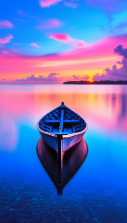 Serene Twilight Landscape with Drifting Dinghy on Still Lake Water and Dreamy Pink and Blue Skyの素材