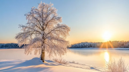 Winter Morning Serenity with Ice Crystals on a Tree Silhouetted by the Rising Sun Over Frozen Waterの素材