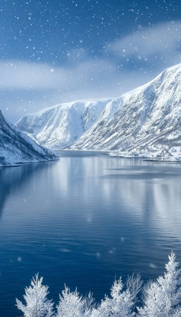 Breathtaking Winter Wonderland Snow-Covered Mountains and Fjord Create a Serene Arctic Landscapeの素材
