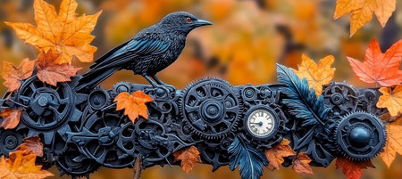 Whimsical Mechanical Bird with Intricate Clockwork Amidst Autumn Leaves in Steampunk Fantasy Styleの素材