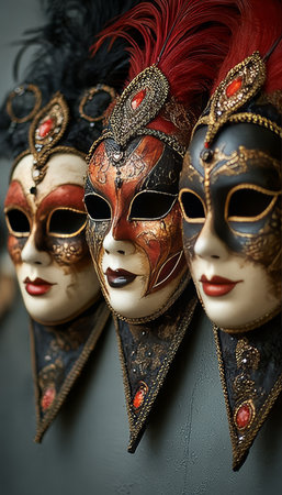 Ornate Vintage Carnival Masks Collection Featuring Opulent Venetian Designs for Elegant Partiesの素材
