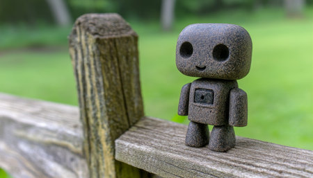 Whimsical Robot Sentinel Stone Statue Toy Observing the World from a Wooden Fortress in Lush Gardenの素材