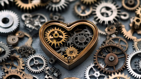 Intricate Vintage Steampunk Heart Shaped Gear Arrangement with Aged Metallic Cogs and Gearsの素材