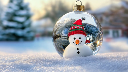 Charming Holiday Decor Featuring a Snowman Surrounded by Festive Ornaments and Snowy Landscapeの素材