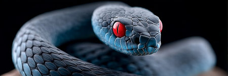 Magnificent Mangrove Snakes with Fiery Crimson Eyes in Macro Detail Against a Dark Backgroundの素材