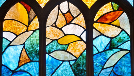 Vibrant Stained Glass Window Intricate Designs and Colors in a Beautiful Church Interior Settingの素材