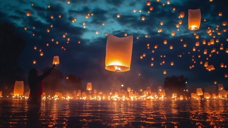 Sky Lanterns Floating In The Night Sky During Traditional Cultural Celebrations And Festivalsの素材