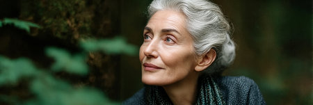 Portrait of a Wise and Mature Woman in Nature, Gazing Serene at Tranquil Scenery, Exuding Peaceの素材