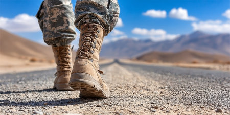 A Solemn Soldier Marching on a Dusty, Desolate Road Through a Barren Landscape at Duskの素材
