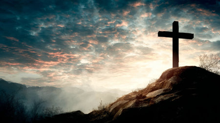 Dramatic Sunrise Over Calvary Hill Symbolizing Jesus Crucifixion, Evoking Themes of Redemptionの素材