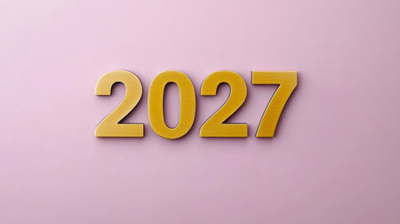 Elegant Golden 2027 Numerals Casting a Subtle Shadow on a Serene Lavender Surface Backgroundの素材