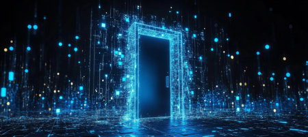 Futuristic Digital Gate Opening into a Cybernetic World with Neon Lights and Electric Grid Patternsの素材