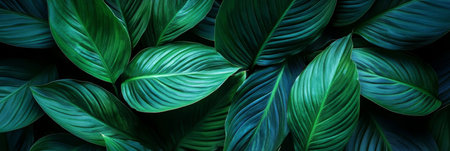 Close-Up of Peace Lily Leaves with Textured Surface and Dark Green Tones Against Natural Backgroundの素材