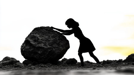 Silhouetted Woman Struggling to Push Heavy Rock Uphill, Representing Determination and Perseveranceの素材