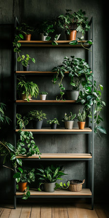Stylish Indoor Plants Decorated on a Shelf in a Modern Living Room with Cozy Atmosphere and Lightの素材