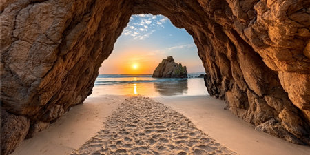 Stunning Sunset over Sandy Beach with Gentle Waves, Rocky Caves, and Vibrant Sky Reflecting Oceanの素材
