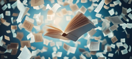 Open Book with Pages Emitting in Freefall, Symbolizing Knowledge and Learning in Creative Designの素材