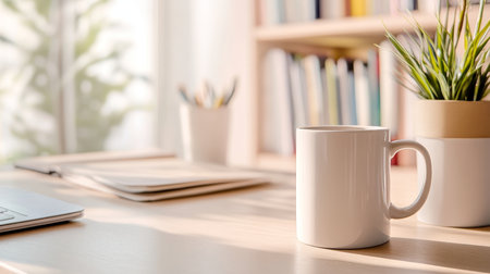 Elegant Home Office Setup with a White Ceramic Mug, Laptop, and a Stylish Decorative Bookshelfの素材