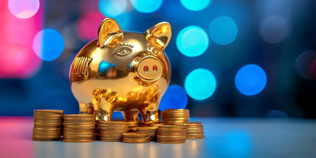 Golden Piggy Bank Surrounded by Stacked Coins on Pastel Background for Savings and Investmentの素材