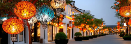 Illuminated Lanterns Adorn a Charming Chinese Street at Night, Creating a Magical Scenic Atmosphereの素材