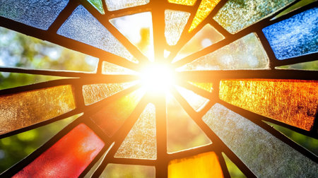 Colorful Stained Glass Window with Geometric Patterns Illuminated by Sunlight, Symbolizing Faithの素材