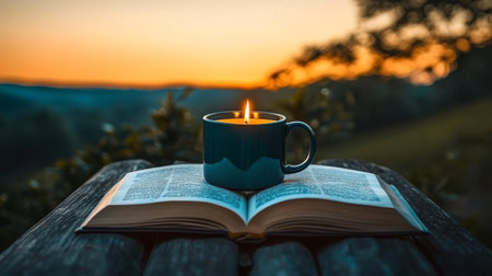 Contemplative Evening Read by Candlelight, Mug of Tea Close by, Under Soft Dusk with Booksの素材