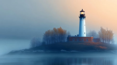 Misty Dawn Over Coastal Landscape Featuring Lighthouse, Island, and Gentle Waves on the Shorelineの素材