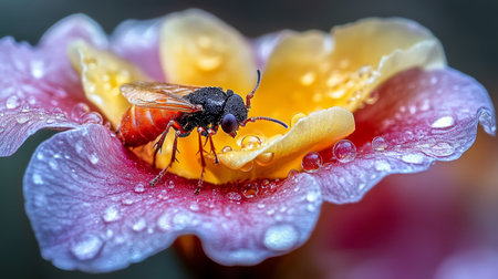 A Delicate Insect Embraces a Dew-Kissed Blossom, Showcasing Nature s Intricate Beauty in Springtimeの素材