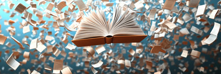 Creative Digital Library Concept with Endless Pages Circulating Amidst a Paperfall Environmentの素材