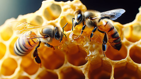 Incredible Close-Up of a Honeycomb Colony with Bees at Work, Dripping Honey, and Detailed Structureの素材