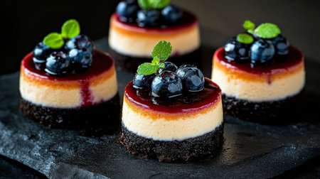 Mini Creamy Cheesecakes with Blueberry Glaze on a Chocolate Base, Perfect for Any Dessert Tableの素材