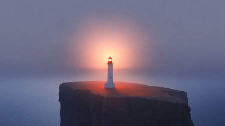 Majestic Lighthouse Standing Tall on a Rugged Cliffside, Illuminating the Stormy Sea Below at Duskの素材