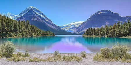 Breathtaking Sunset Over Serene Lake Surrounded by Towering Mountains and Lush Green Forestsの素材