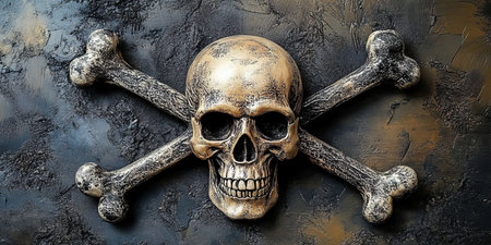 Intricately Designed Skull and Crossbones Symbol on a Textured Background Representing Dangerの素材