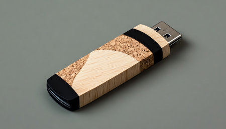 Elegant USB Drive Crafted from Natural Wood and Cork with Sleek Black Accents on a Plain Backdropの素材