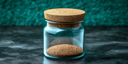 Elegant Glass Jar with Cork Stopper on Dark Textured Countertop, Studio Shot of Still Life Containerの素材