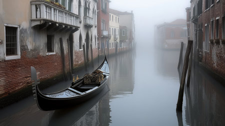 Mysterious Venice Canal Encounter Fog-Shrouded Buildings, Gondolas, and Serene Waters Capturedの素材