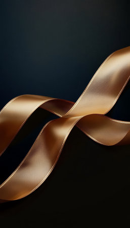 Elegant Golden Silk Ribbons Cascading on a Dark Moody Background for Luxurious Graphic Designsの素材