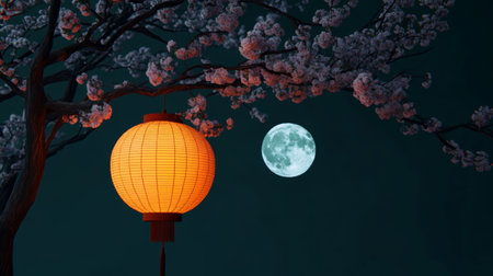 Enchanting Mid Autumn Festival Lanterns Glowing Under Moonlight and Blossoming Trees at Nightの素材