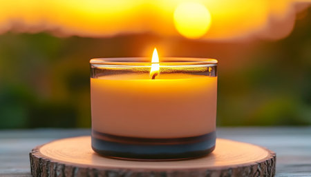 Cozy Ambiance Beautiful Amber Candle in Glass Jar on Wooden Table at Sunset for Relaxing Eveningsの素材