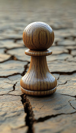 A Light Wooden Pawn Stands on Dry Cracked Earth, Representing Challenges in Harsh Environmentsの素材