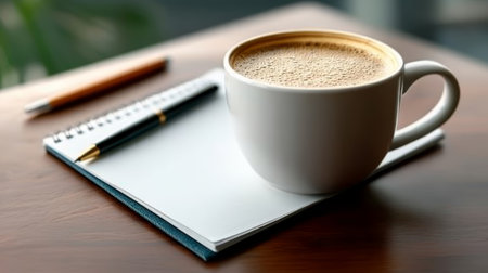 Serene Workspace with Coffee, Notepad, and Fountain Pen on Table in Natural Light, Aesthetic Vibesの素材