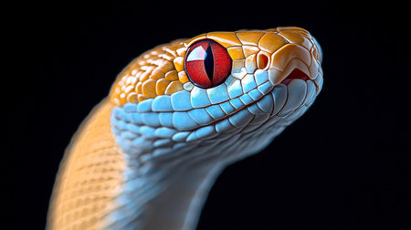 Closeup Portrait of a Stunning Yellow and Blue Snake with Intense Red Eyes on Dark Backgroundの素材