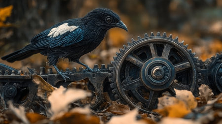 Magpie on Clockwork An Exquisite Automaton Bird Perched on Rusty Gears Amidst Autumn Leavesの素材