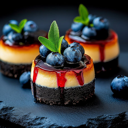 Mini Blueberry Cheesecakes in Elegant Dishes, Perfect for Special Occasions and Delightful Dessertsの素材