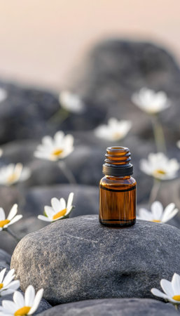 Amber Essential Oil Bottle on Stone with White Flower, Relaxation Remedy for Spa and Wellnessの素材