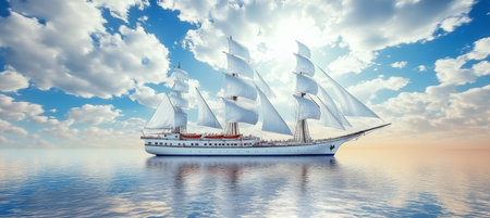 Majestic Sailing Ship Gliding Across Tranquil Ocean Waters Under a Beautiful Sunset Skyの素材