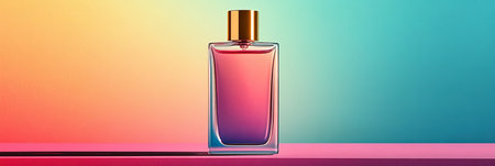 Elegant Luxury Fragrance in Minimalist Glass Bottle with Golden Cap on Sunset Gradient Backgroundの素材