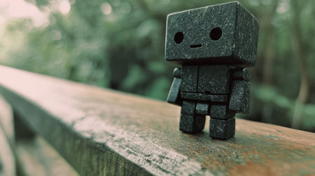 Small Stone Robot on Rail in Forest, Miniature Sculpture, Toy Figurine, Cute Outdoor Characterの素材