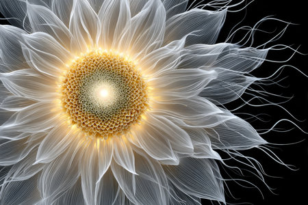 Ethereal Bloom with Radiant Light at the Center, Delicate Petals Glowing Against a Black Canvasの素材